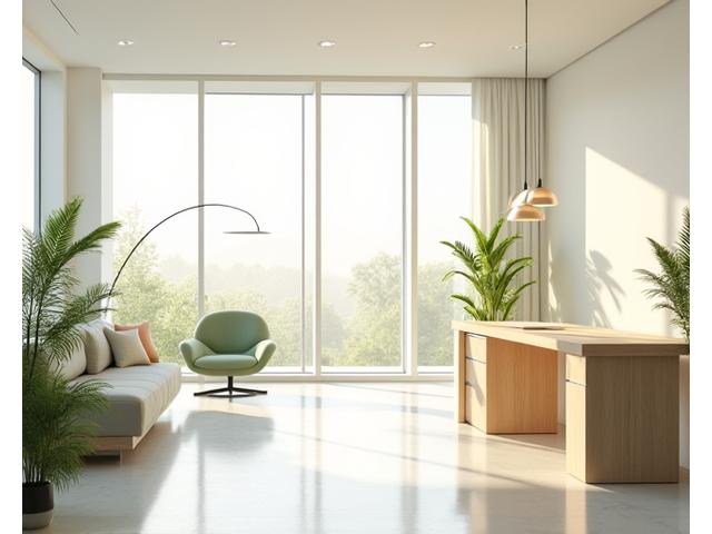 자연광이 풍부하고 간접 조명이 설치된 미니멀한 사무실